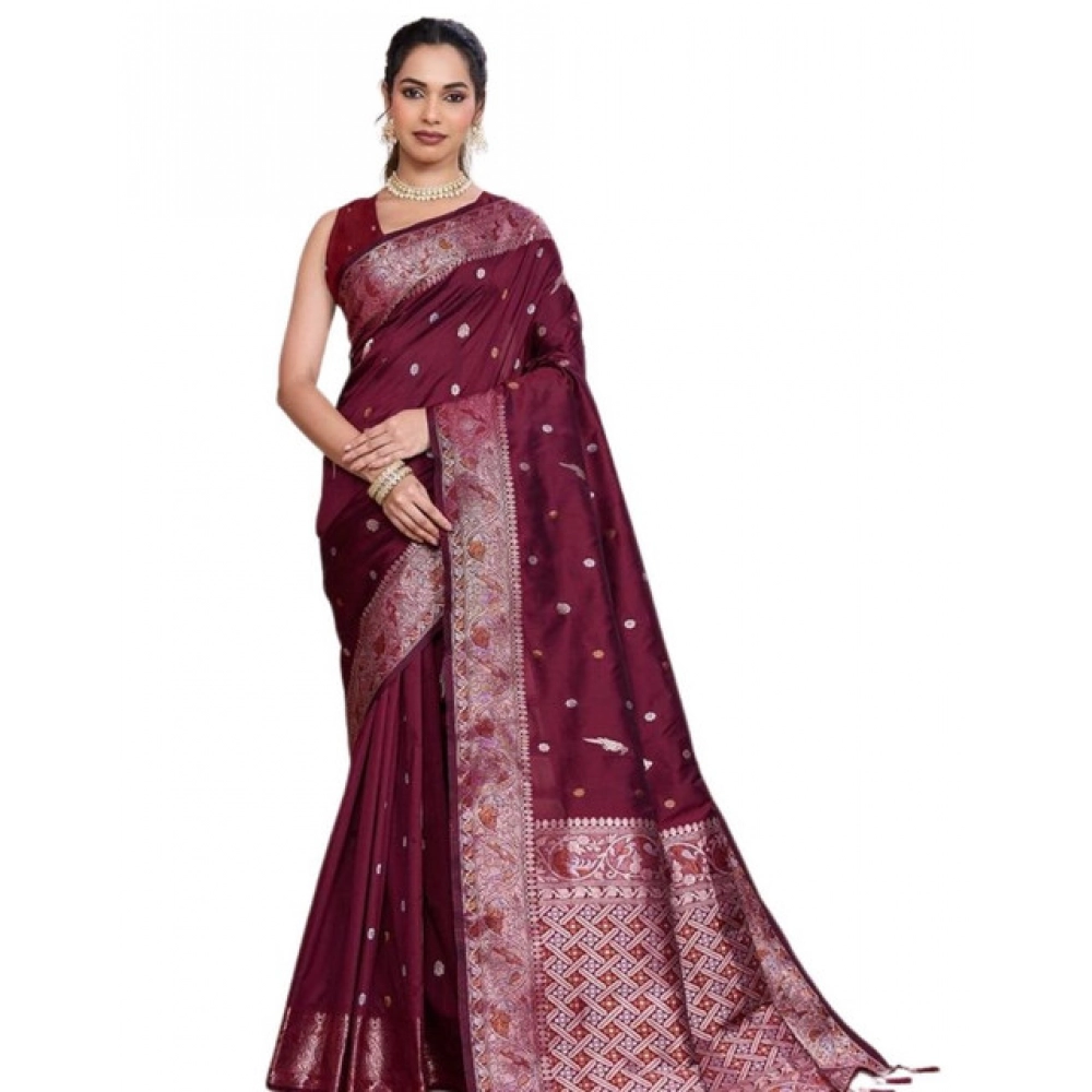 Generic Women's Jacquard Woven Saree With Unstitched Blouse 5.5Mtr (Maroon) - Image 4