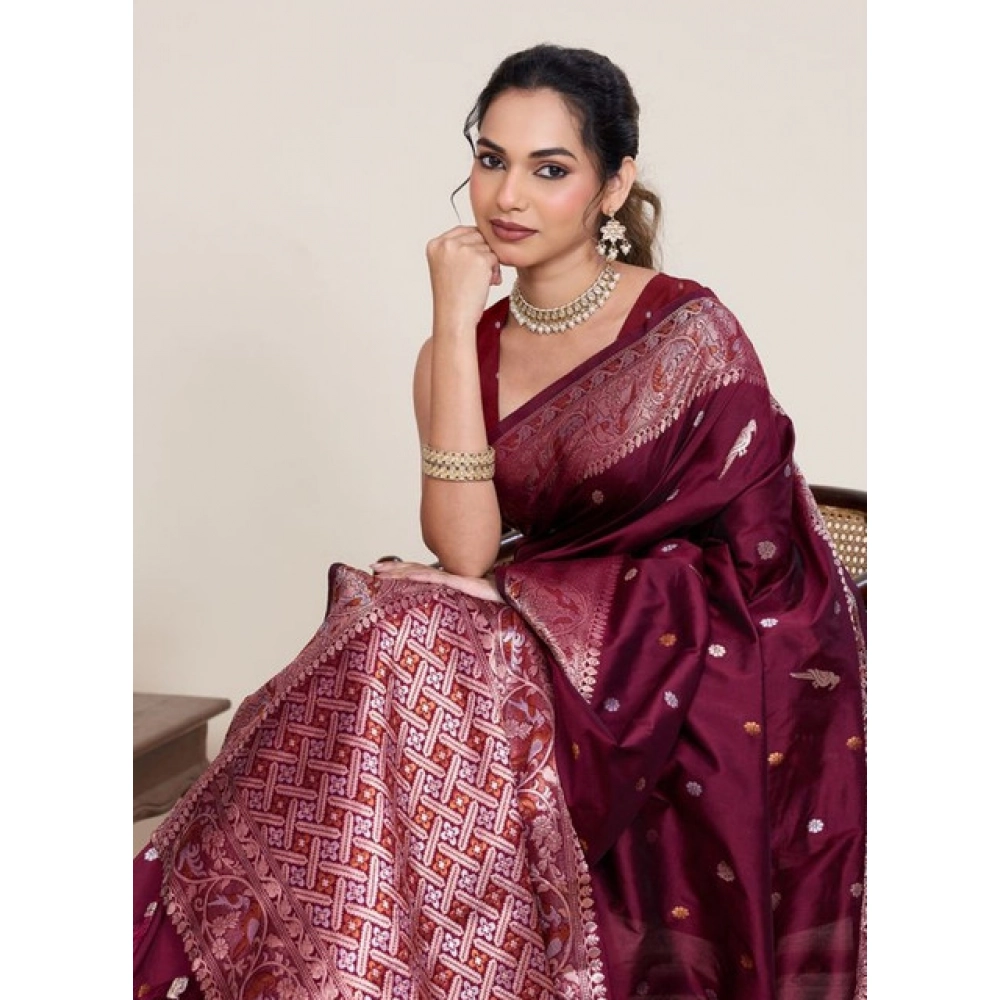 Generic Women's Jacquard Woven Saree With Unstitched Blouse 5.5Mtr (Maroon) - Image 2