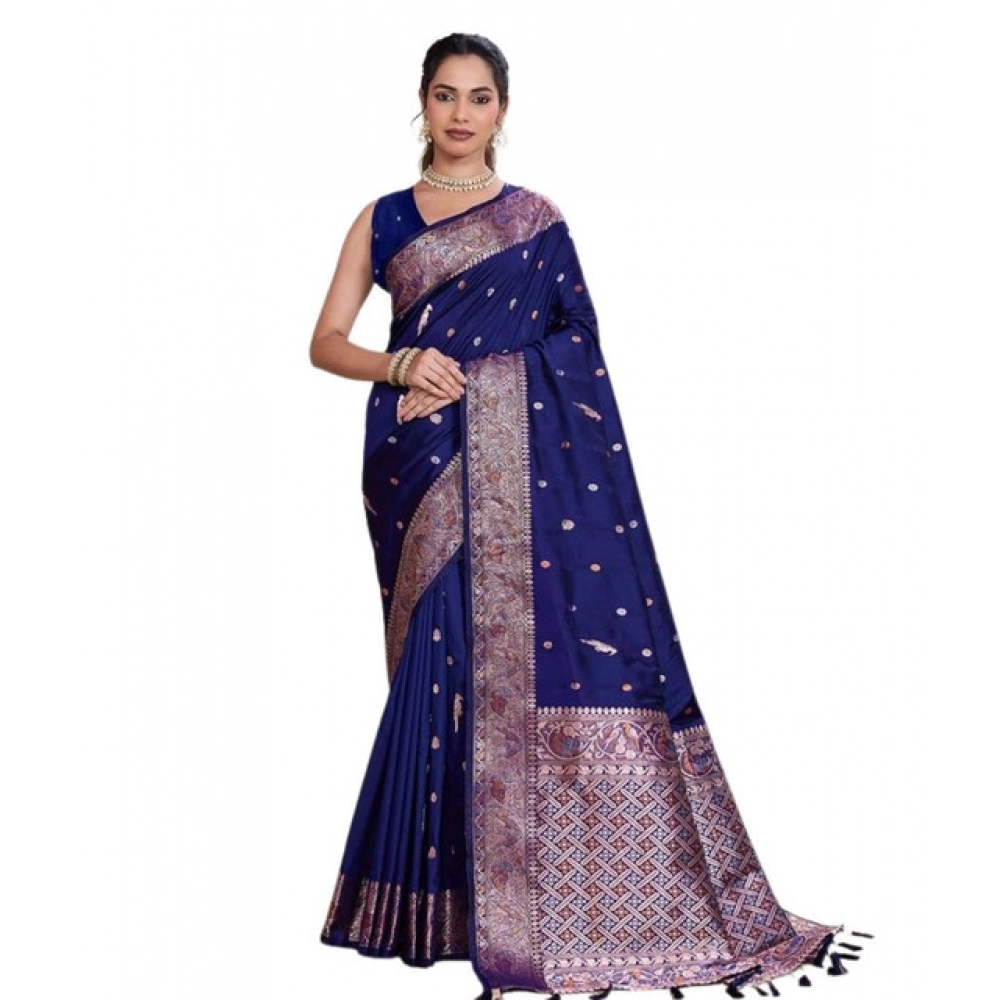 Generic Women's Jacquard Woven Saree With Unstitched Blouse 5.5Mtr (Navy) - Image 4