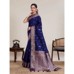 Generic Women's Jacquard Woven Saree With Unstitched Blouse 5.5Mtrย (Navy)