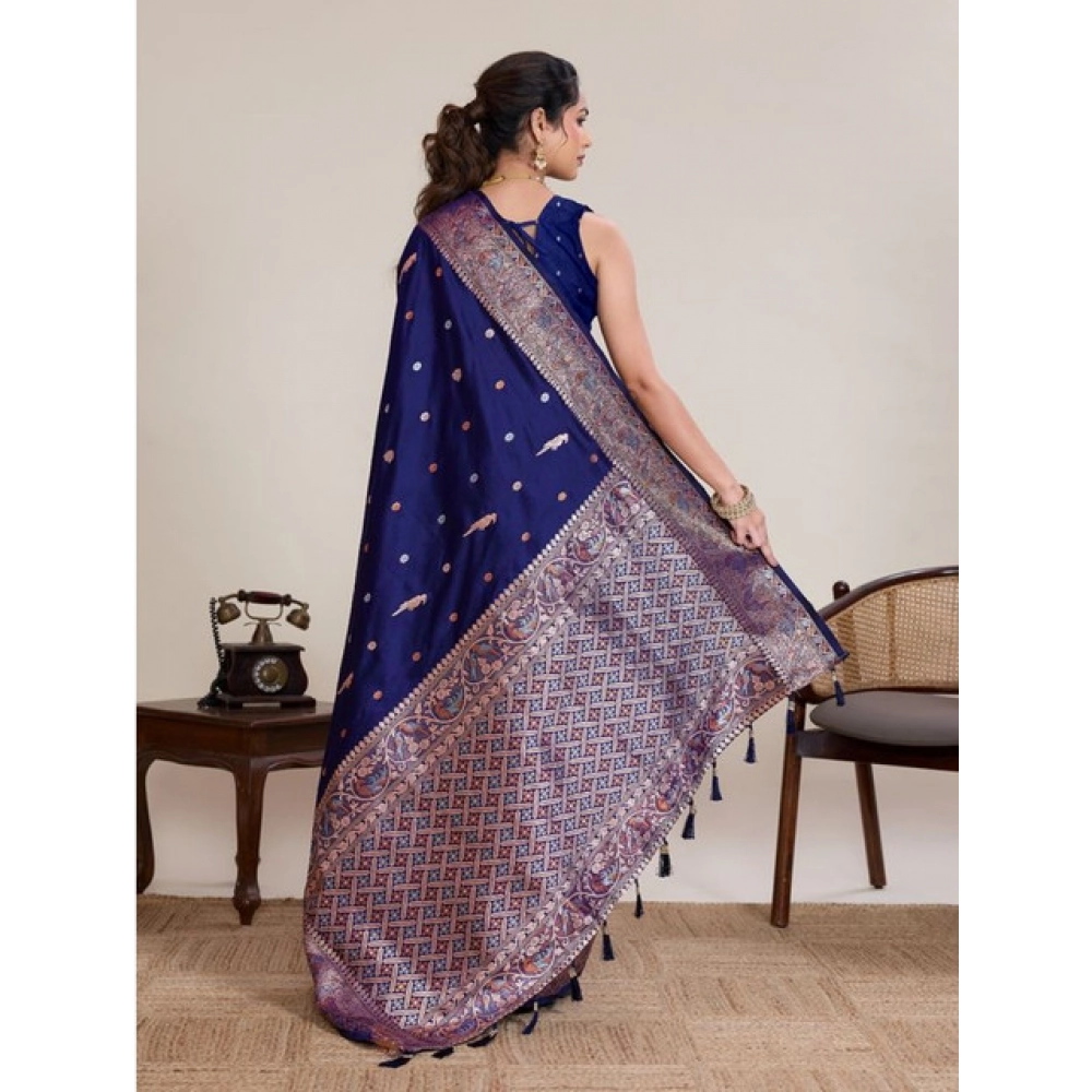 Generic Women's Jacquard Woven Saree With Unstitched Blouse 5.5Mtr (Navy) - Image 3