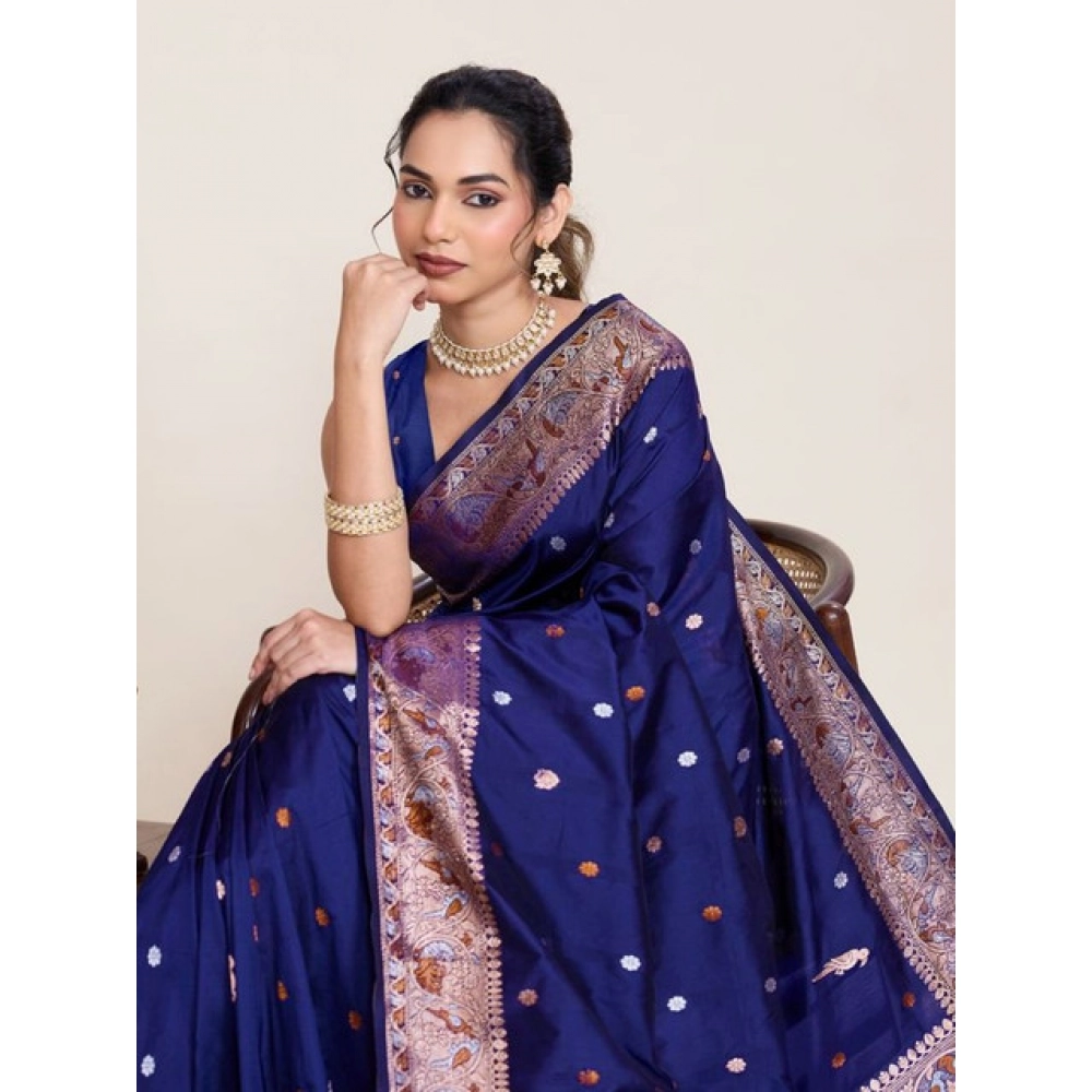 Generic Women's Jacquard Woven Saree With Unstitched Blouse 5.5Mtr (Navy) - Image 2