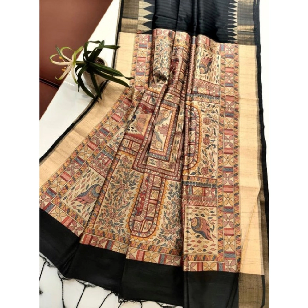 Generic Women's Tussar Silk Madhubani Saree With Unstitched Blouse 5.5Mtr (Black) - Image 4