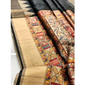 Generic Women's Tussar Silk Madhubani Saree With Unstitched Blouse 5.5Mtrย (Black)