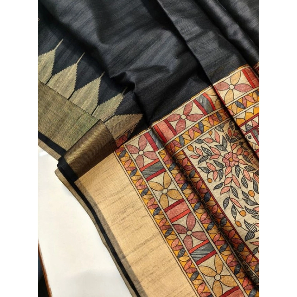 Generic Women's Tussar Silk Madhubani Saree With Unstitched Blouse 5.5Mtr (Black) - Image 2