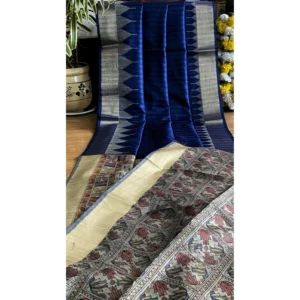 Generic Women's Tussar Silk Madhubani Saree With Unstitched Blouse 5.5Mtrย (Blue)