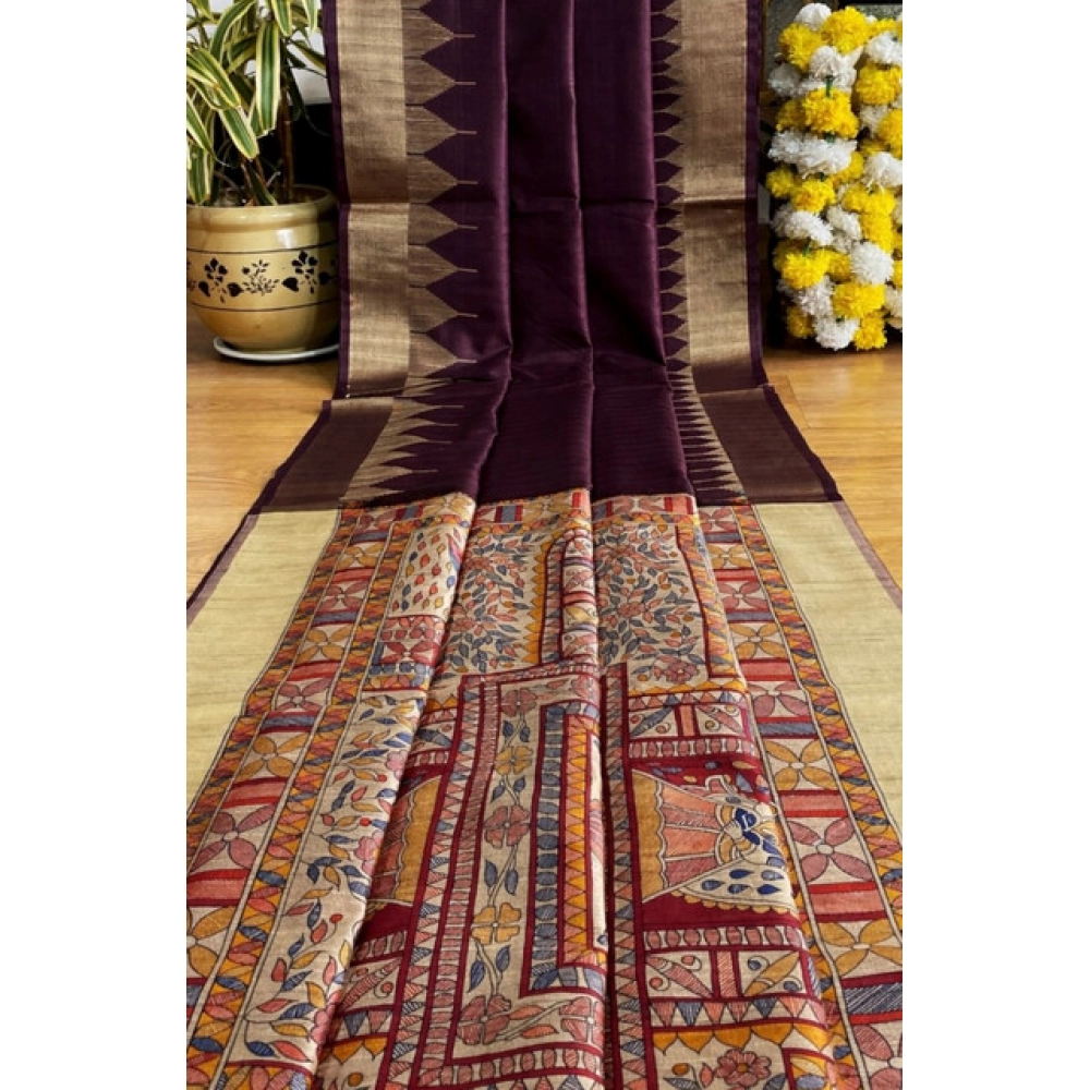 Generic Women's Tussar Silk Madhubani Saree With Unstitched Blouse 5.5Mtr (Coffee) - Image 4
