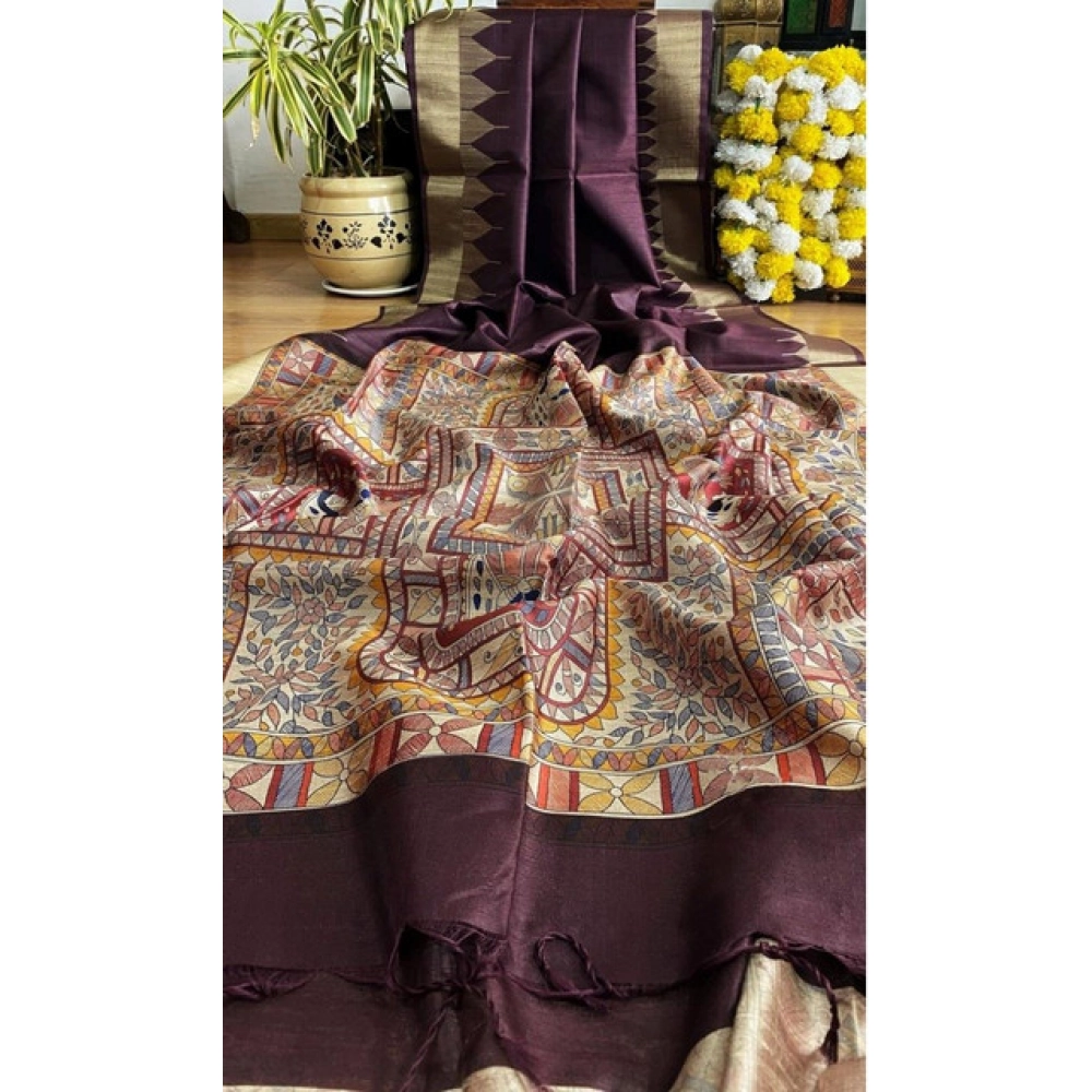 Generic Women's Tussar Silk Madhubani Saree With Unstitched Blouse 5.5Mtr (Coffee) - Image 3