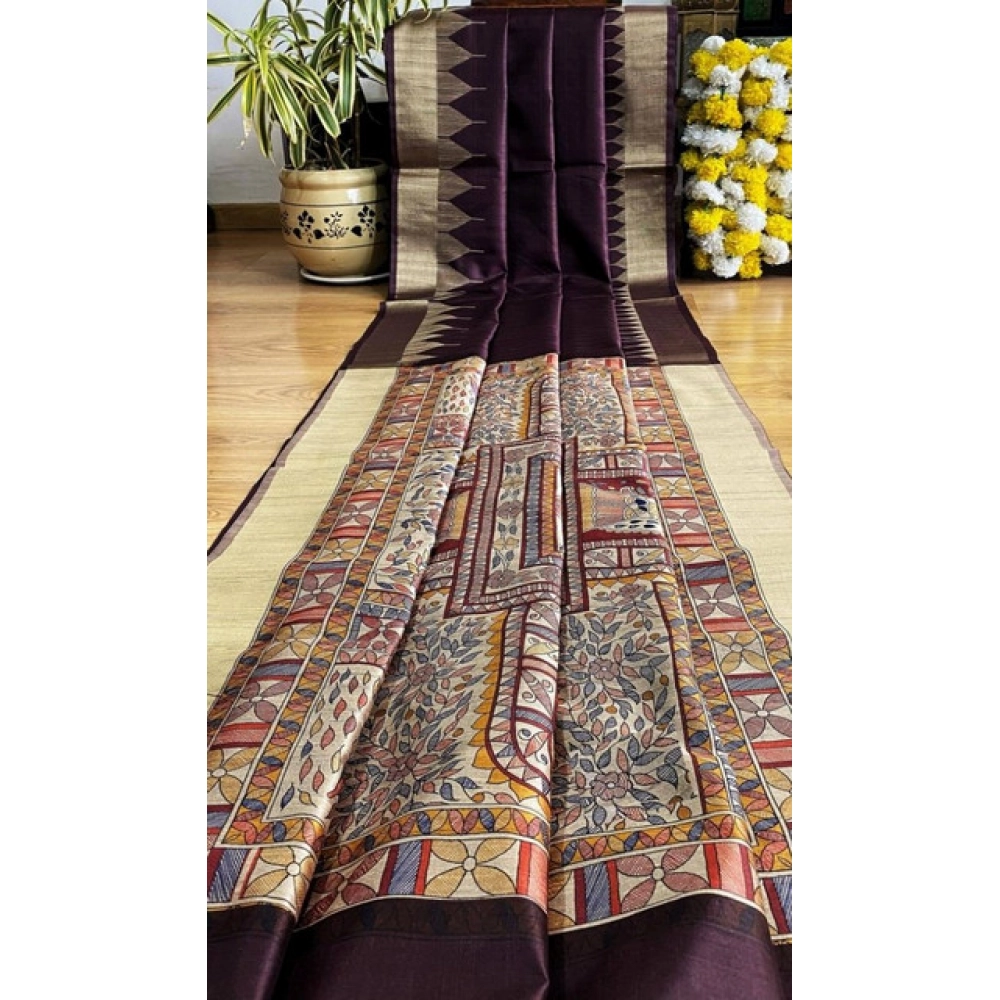 Generic Women's Tussar Silk Madhubani Saree With Unstitched Blouse 5.5Mtr (Coffee) - Image 2