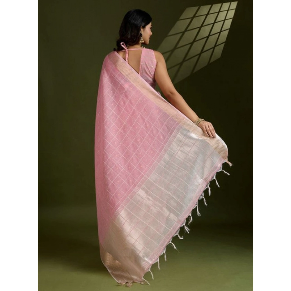 Generic Women's Tissue Checks_With_Buttis Saree With Unstitched Blouse 5.5Mtr (Light_Pink) - Image 2