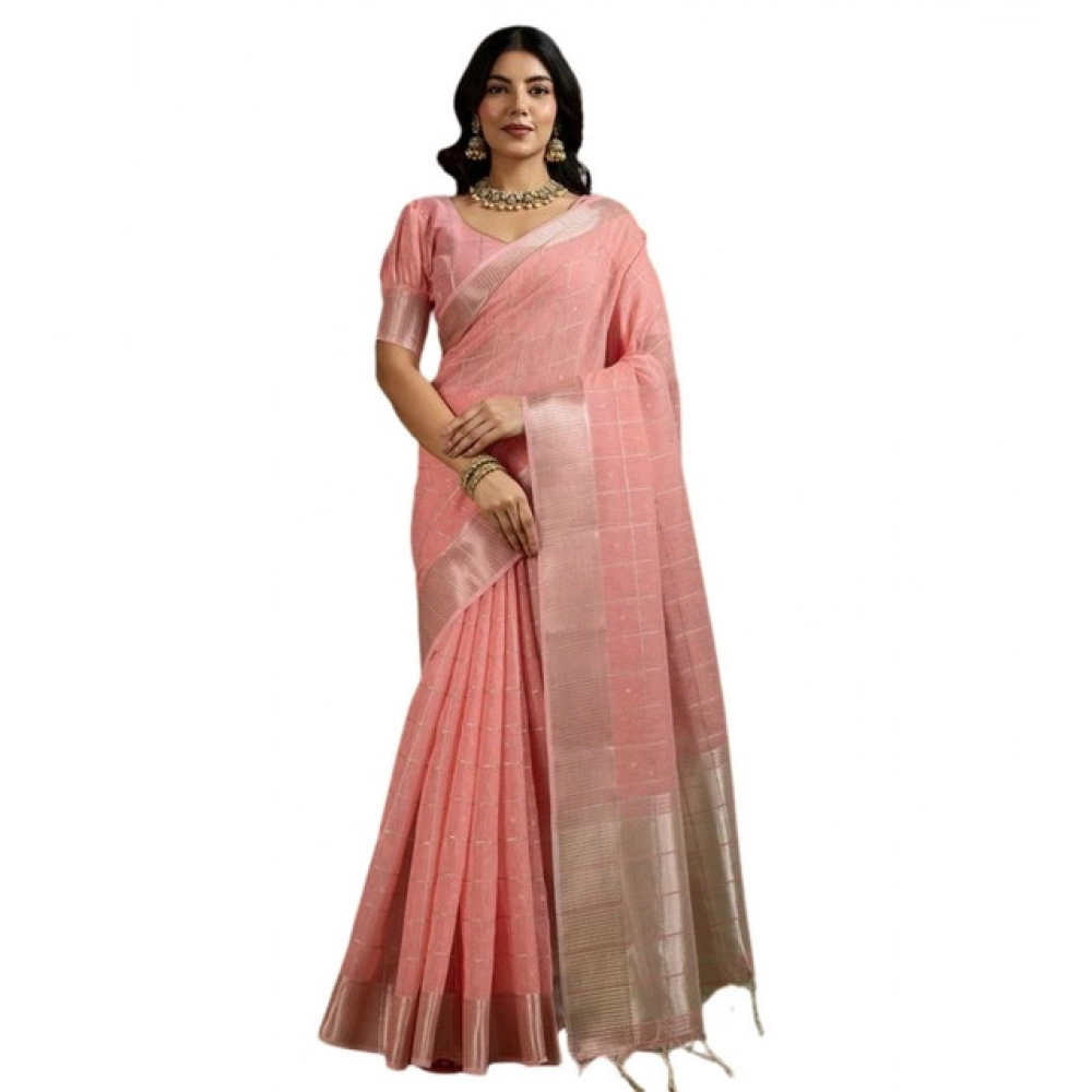 Generic Women's Tissue Checks_With_Buttis Saree With Unstitched Blouse 5.5Mtr (Peach) - Image 3