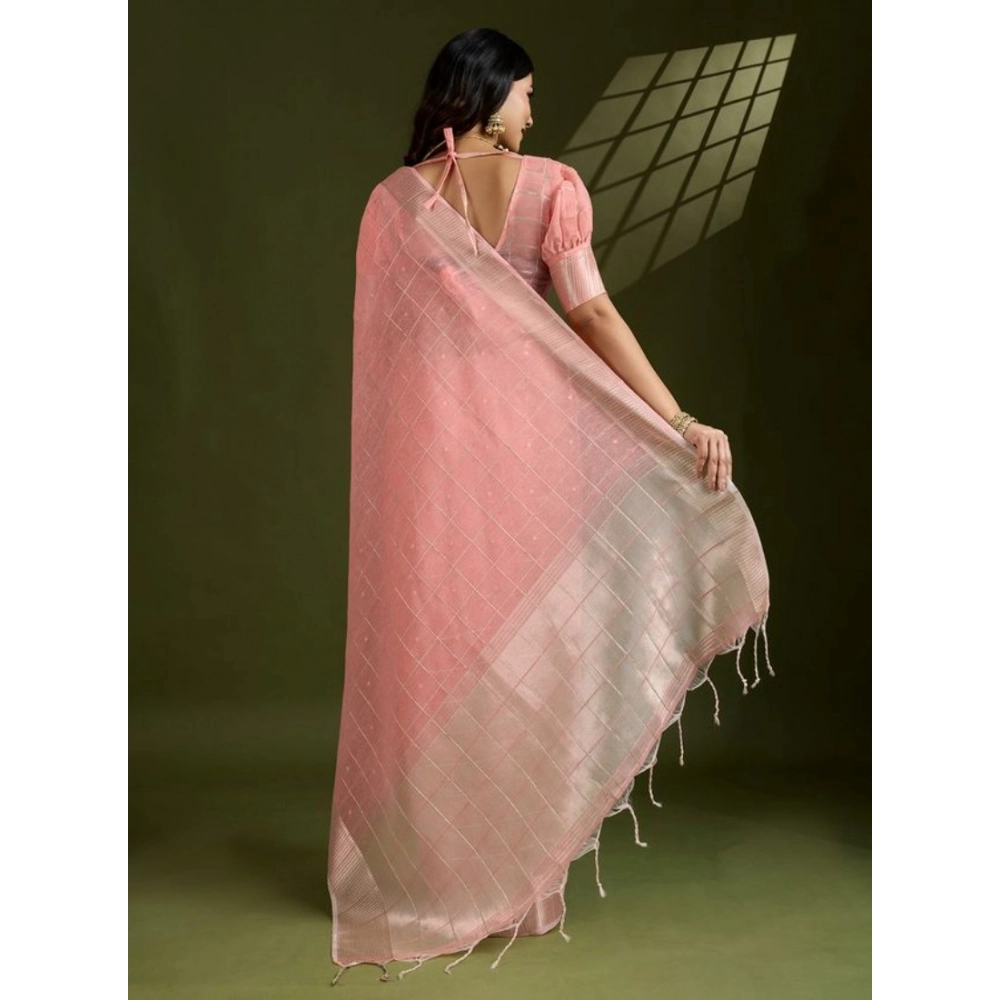 Generic Women's Tissue Checks_With_Buttis Saree With Unstitched Blouse 5.5Mtr (Peach) - Image 2