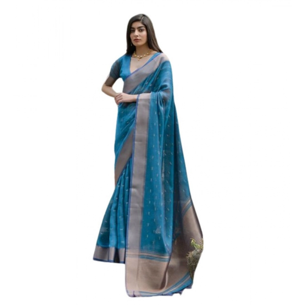 Generic Women's Silk_Blend Butti Pattern Saree With Unstitched Blouse 5.5Mtr (Teal) - Image 4