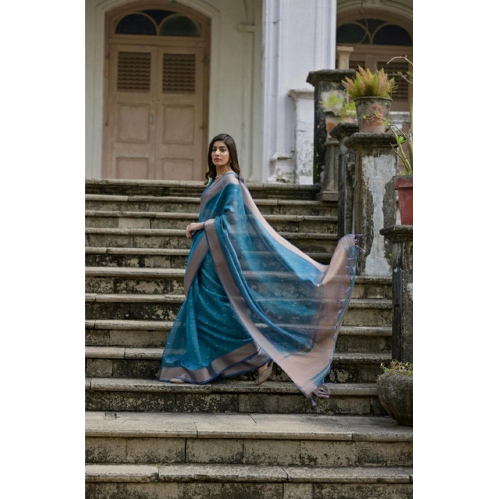 Generic Women's Silk_Blend Butti Pattern Saree With Unstitched Blouse 5.5Mtr (Teal) - Image 3