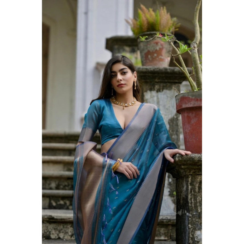Generic Women's Silk_Blend Butti Pattern Saree With Unstitched Blouse 5.5Mtr (Teal) - Image 2