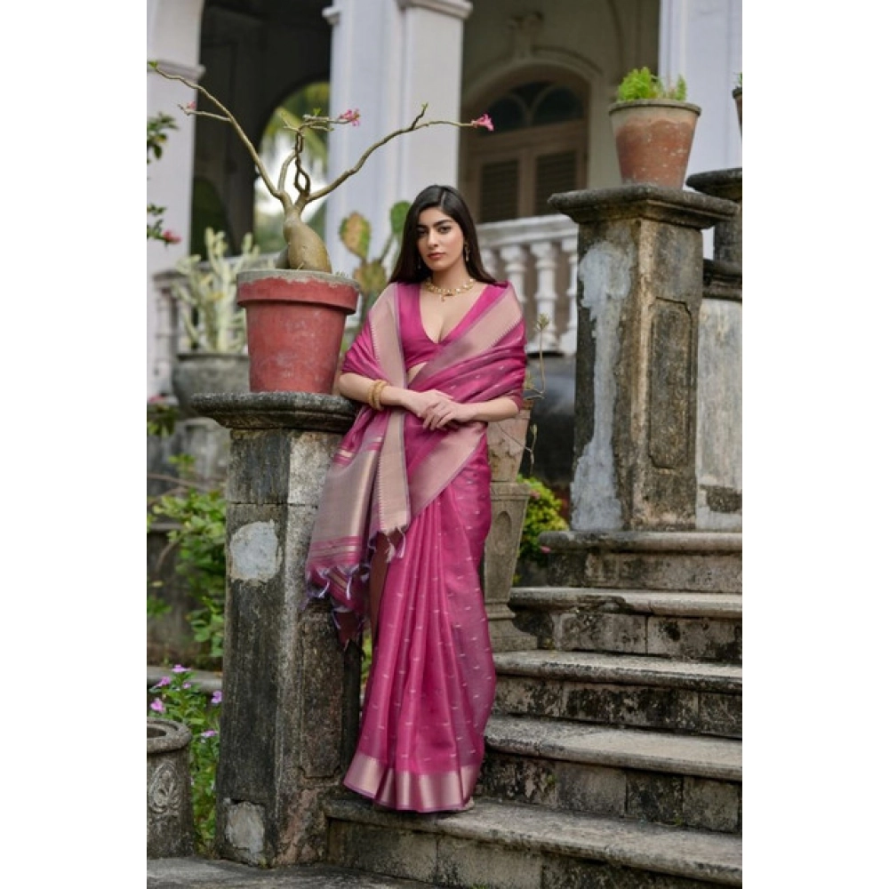 Generic Women's Silk_Blend Butti Pattern Saree With Unstitched Blouse 5.5Mtr (Pink) - Image 3