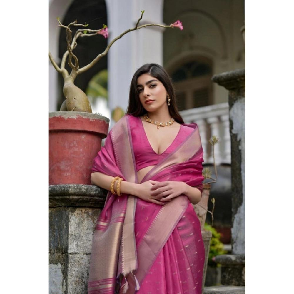 Generic Women's Silk_Blend Butti Pattern Saree With Unstitched Blouse 5.5Mtr (Pink) - Image 2