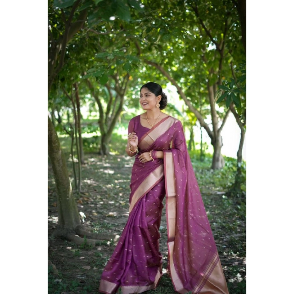 Generic Women's Silk_Blend Butti Pattern Saree With Unstitched Blouse 5.5Mtr (Purple) - Image 3