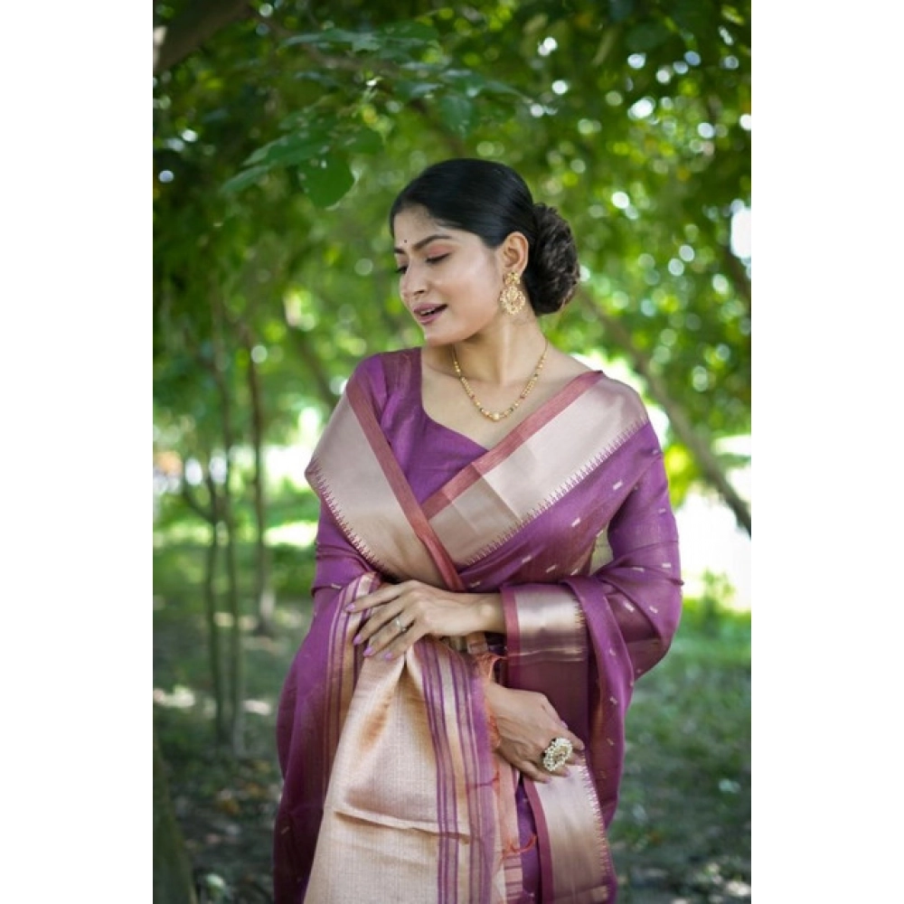 Generic Women's Silk_Blend Butti Pattern Saree With Unstitched Blouse 5.5Mtr (Purple) - Image 2