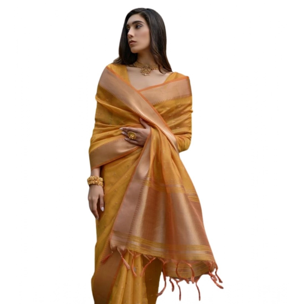 Generic Women's Silk_Blend Butti Pattern Saree With Unstitched Blouse 5.5Mtr (Mustard) - Image 3