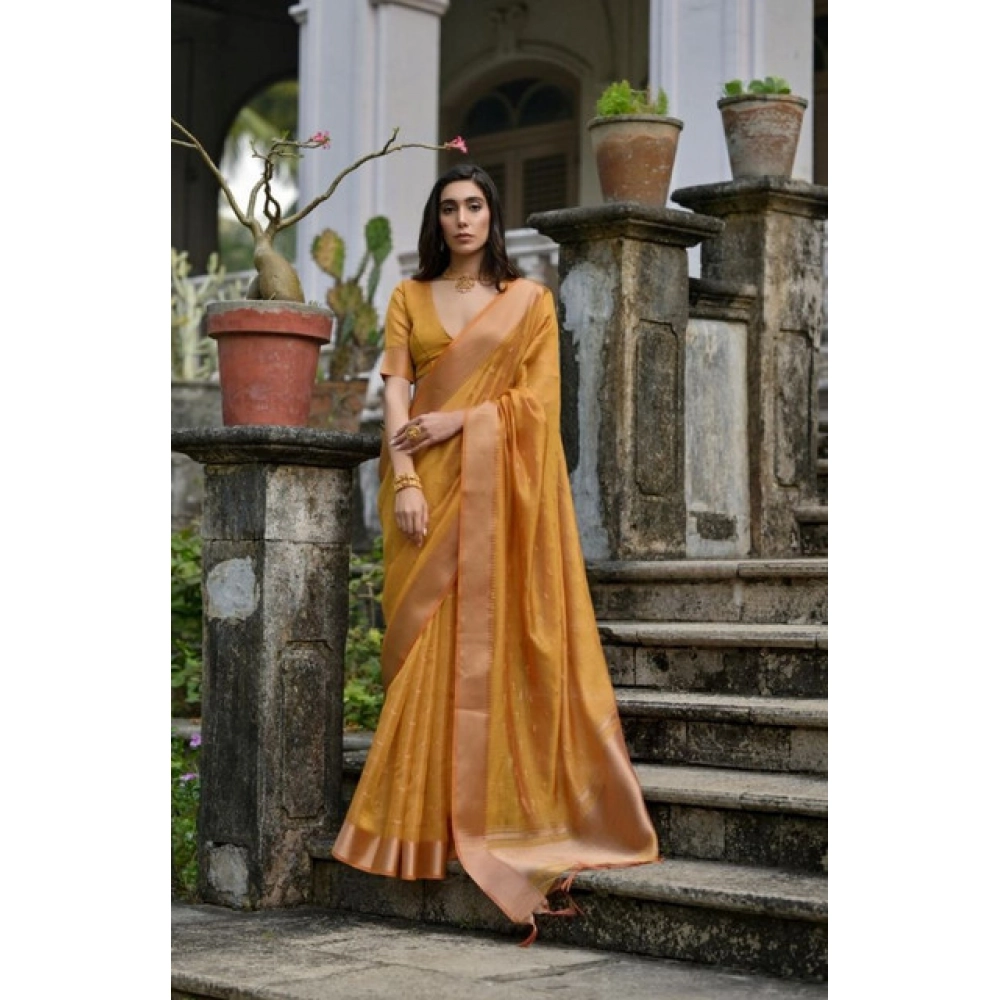 Generic Women's Silk_Blend Butti Pattern Saree With Unstitched Blouse 5.5Mtr (Mustard) - Image 4