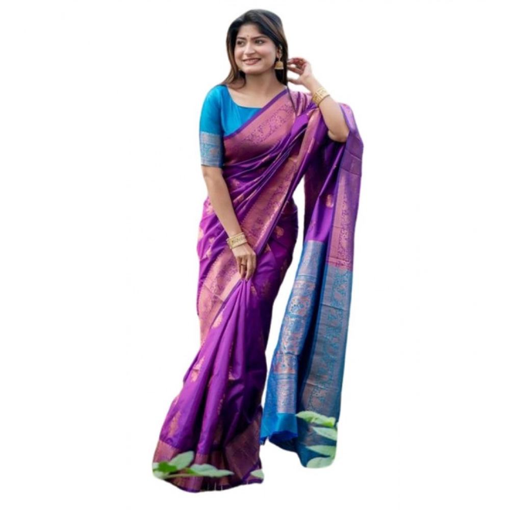 Generic Women's Katan_Silk Zari_Weaving Saree With Unstitched Blouse 5.5Mtr (Purple) - Image 4