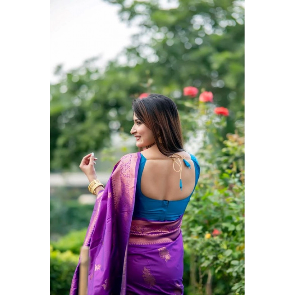 Generic Women's Katan_Silk Zari_Weaving Saree With Unstitched Blouse 5.5Mtr (Purple) - Image 3