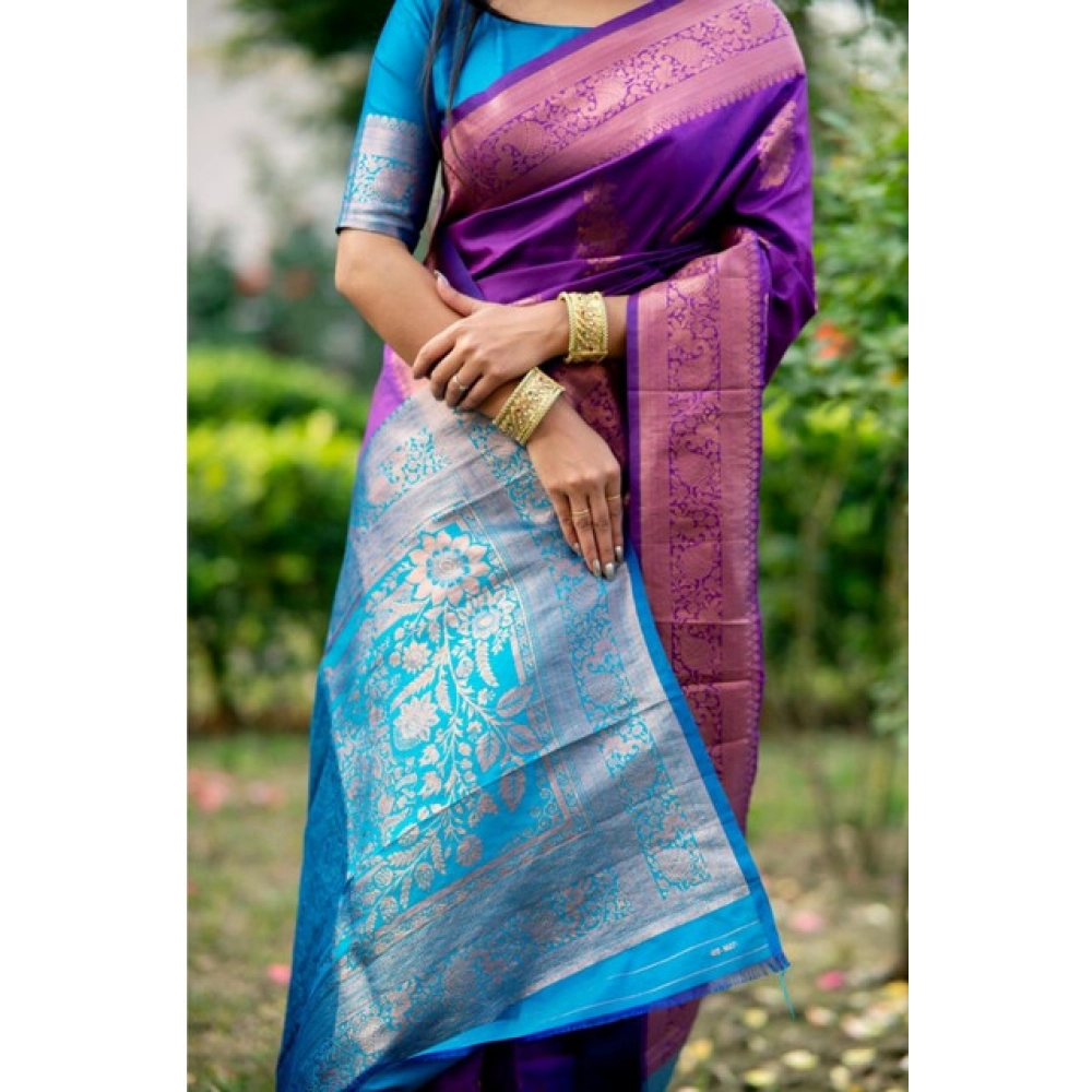 Generic Women's Katan_Silk Zari_Weaving Saree With Unstitched Blouse 5.5Mtr (Purple) - Image 2