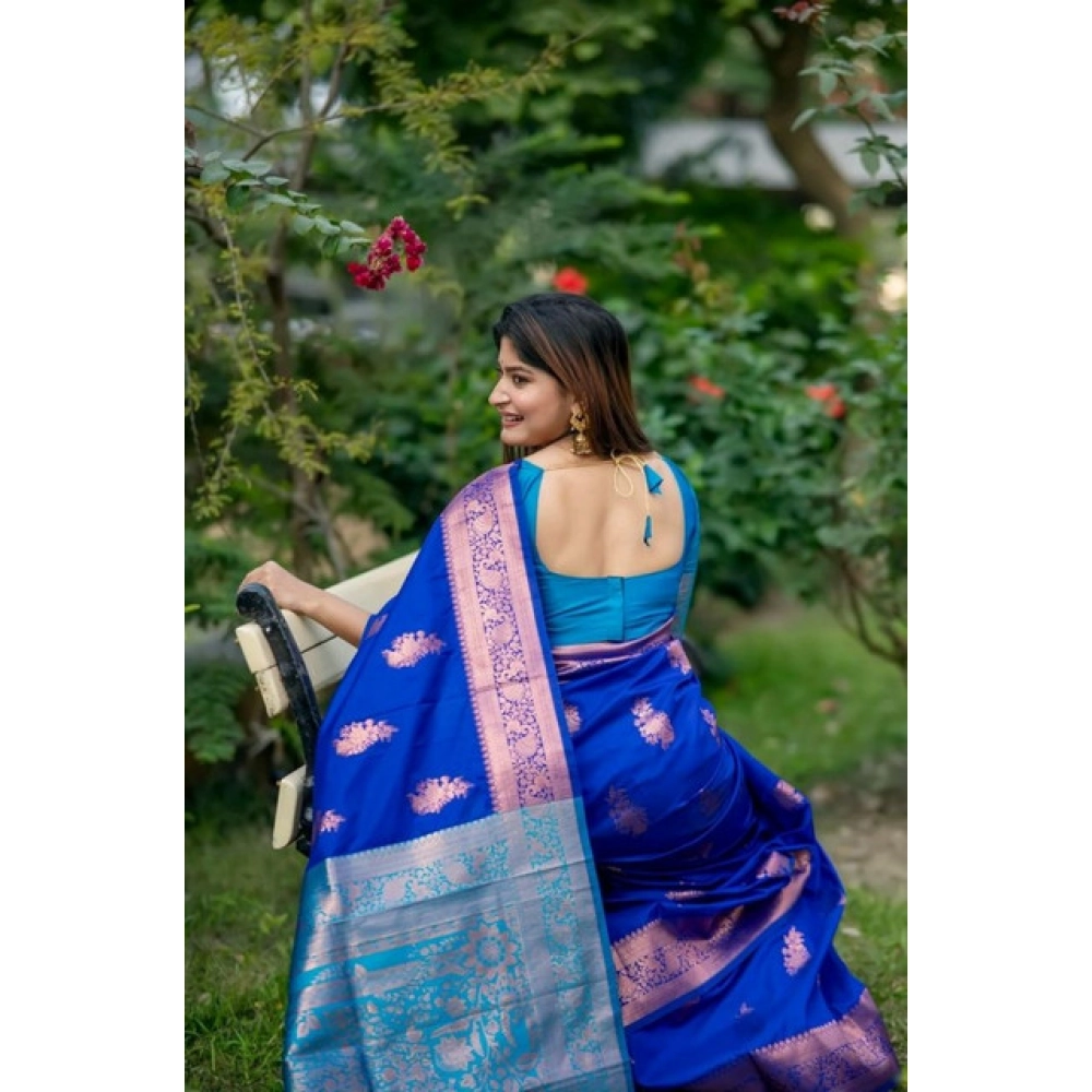 Generic Women's Katan_Silk Zari_Weaving Saree With Unstitched Blouse 5.5Mtr (Royal_Blue) - Image 2