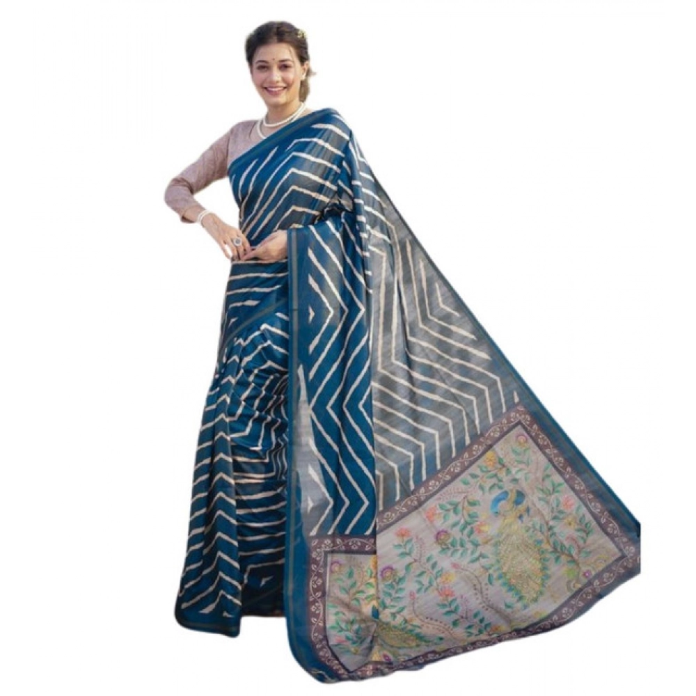 Generic Women's Faux_Tussar_Silk Geometric_Print Saree With Unstitched Blouse 5.5Mtr (Blue) - Image 3