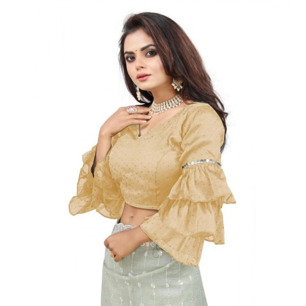 Generic Women's Organza Solid V Neck Layered Ruffle Sleeve Readymade Blouse (Beige Free Size , up to 38–40 Bust)-PID65847 - Image 2