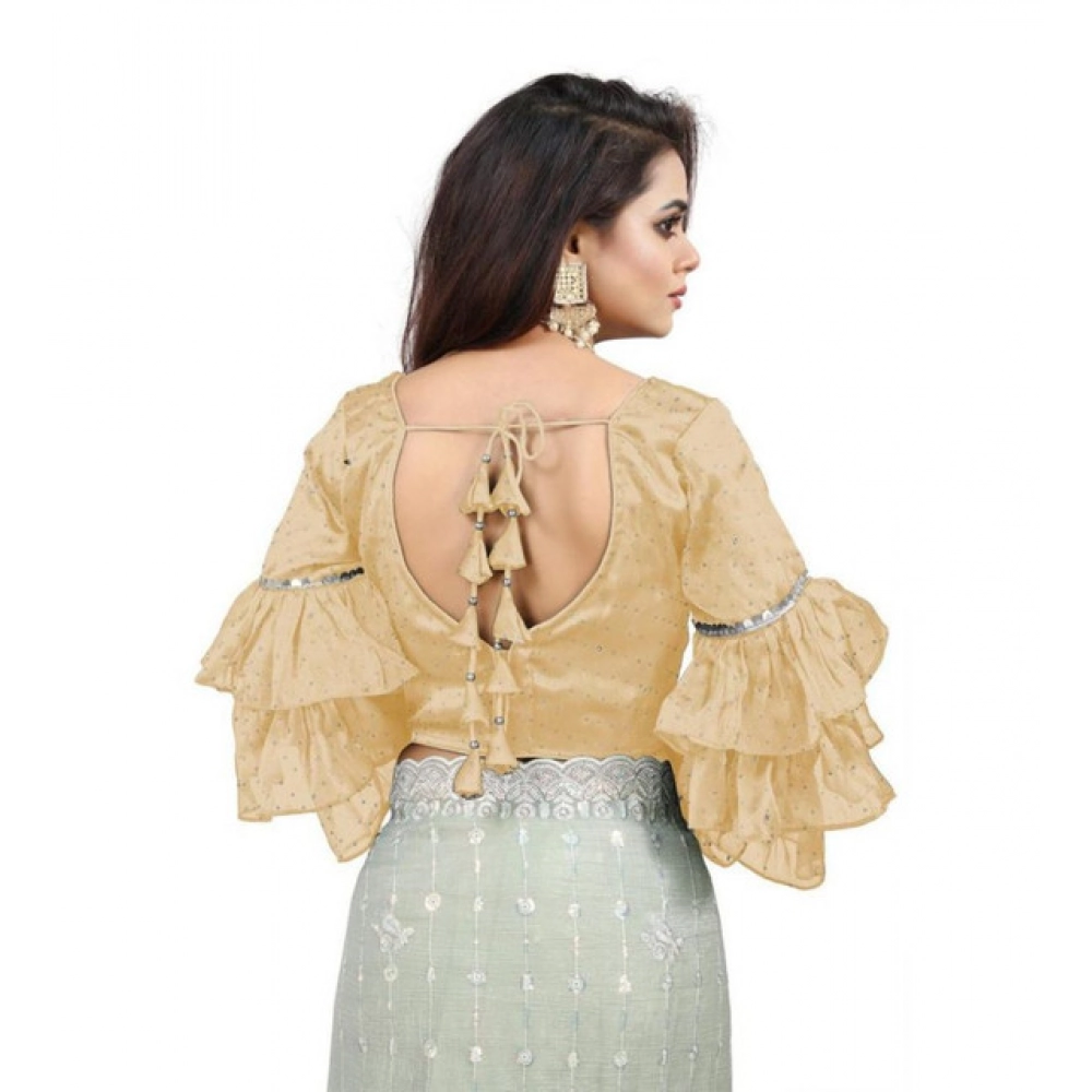 Generic Women's Organza Solid V Neck Layered Ruffle Sleeve Readymade Blouse (Beige Free Size , up to 38–40 Bust)-PID65847 - Image 3