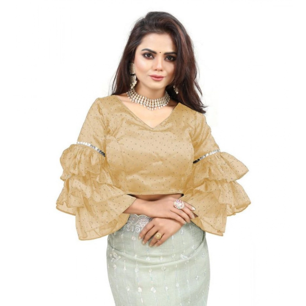Generic Women's Organza Solid V Neck Layered Ruffle Sleeve Readymade Blouse (Beige Free Size , up to 38–40 Bust)-PID65847 - Image 4