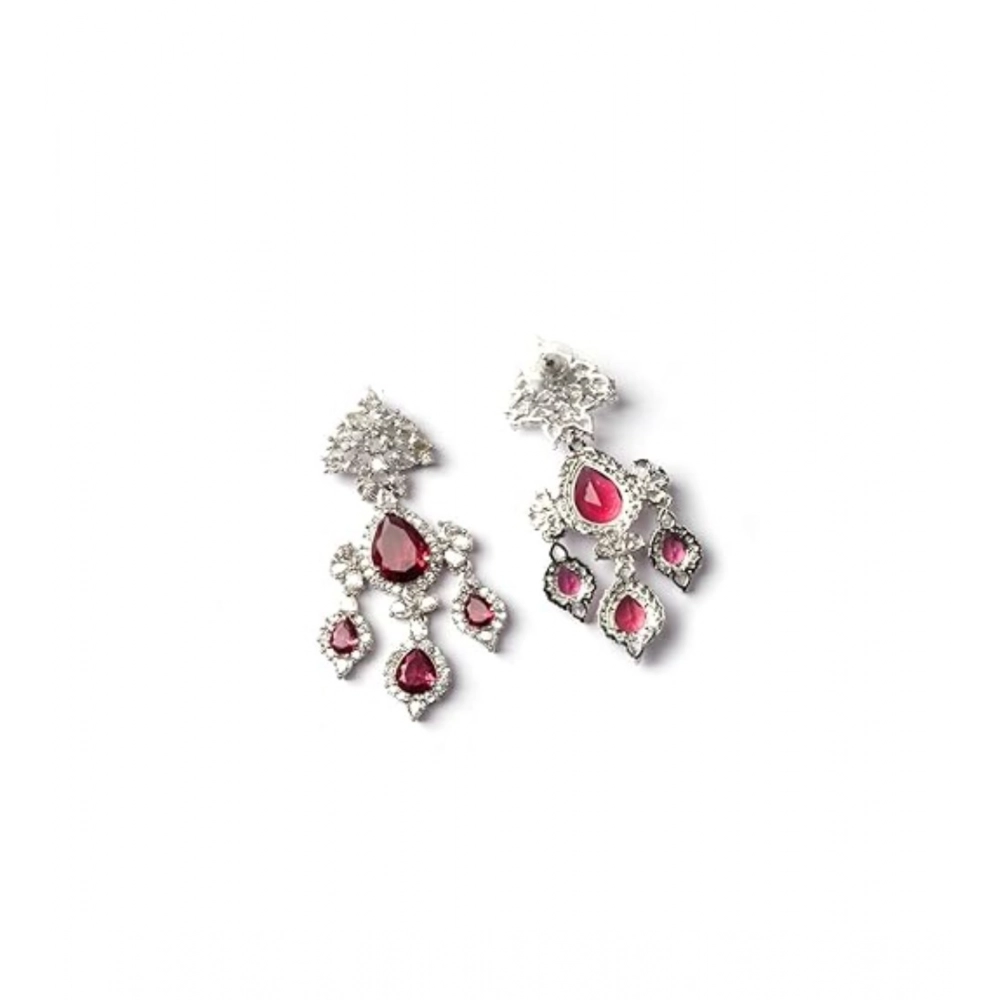Generic Women's Brass Silver Plated Drop Earrings (Red) - Image 2