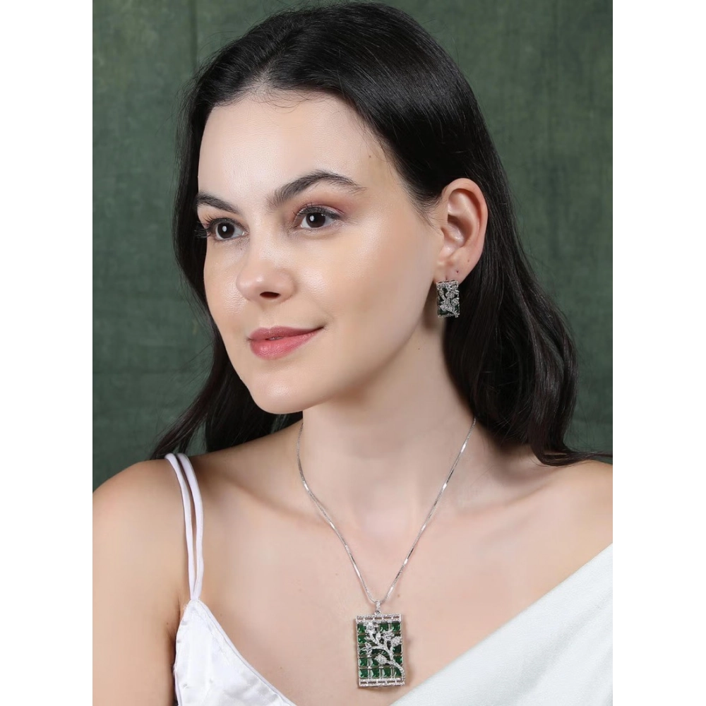 Generic Women's Brass Silver Plated Pendant Set (Green) - Image 3