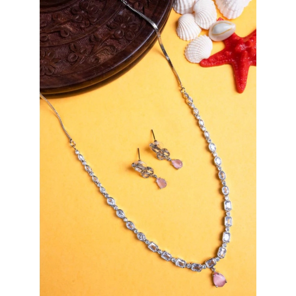 Generic Women's Brass Silver Plated Necklace set (Pink) - Image 2
